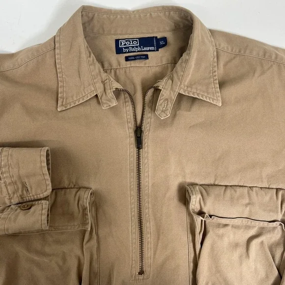 Vintage Polo Ralph Lauren Shirt XL Beige Twill Long Sleeve 1/2 Zip Military - Picture 1 of 16